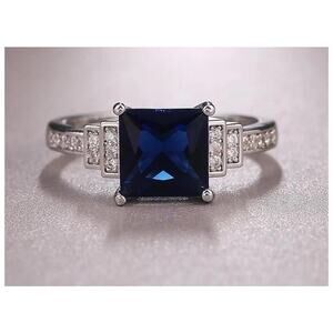 Blue princess cut ring - silver - CZs - size 8